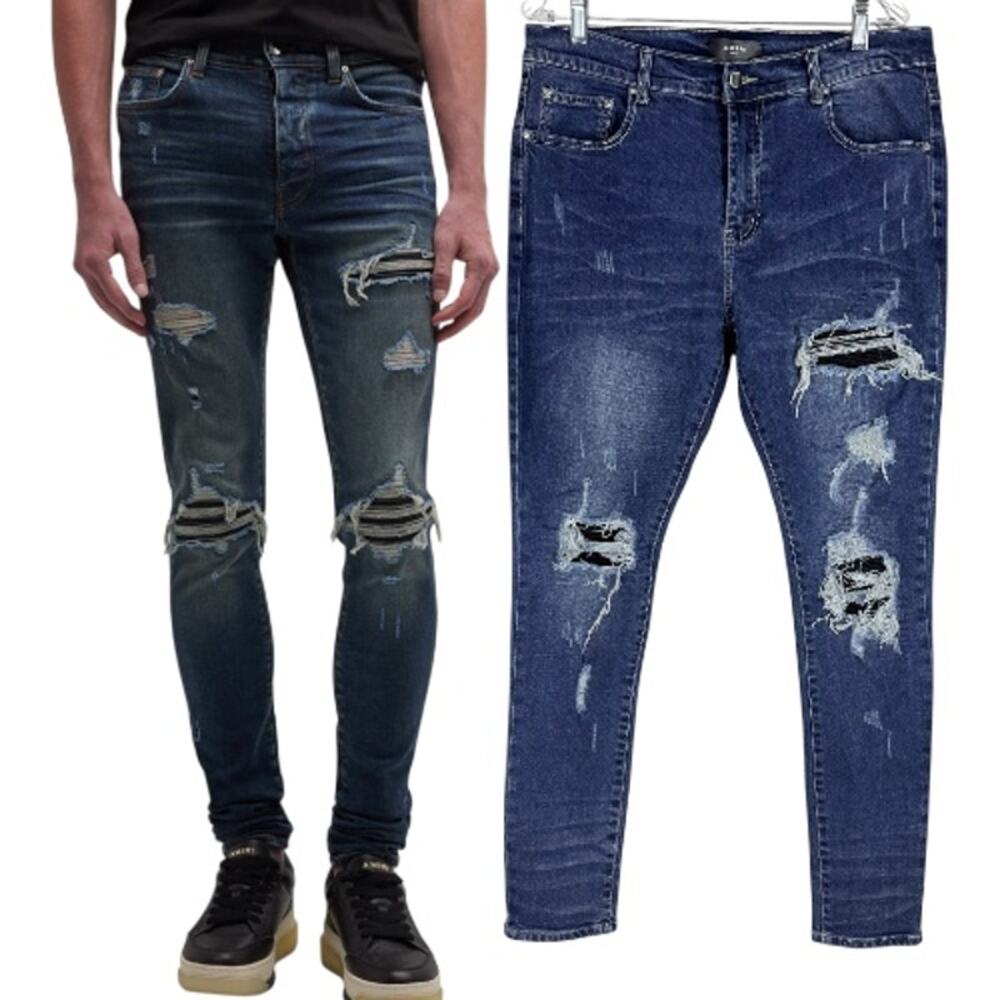 Amiri MX1 Destroyed Distressed Skinny Jeans Blue Size 38